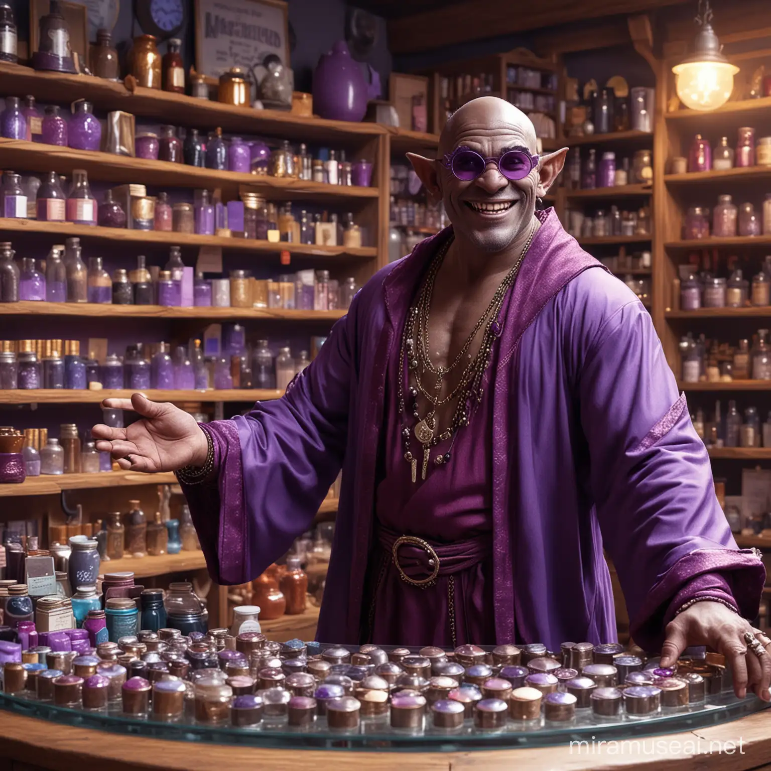 Male Orc shopkeeper , flamboyant, purple robes, extranvagant, round sunglasses, dancing, smiling, shopkeeper of a magic store, holograms on counter of various magic items.