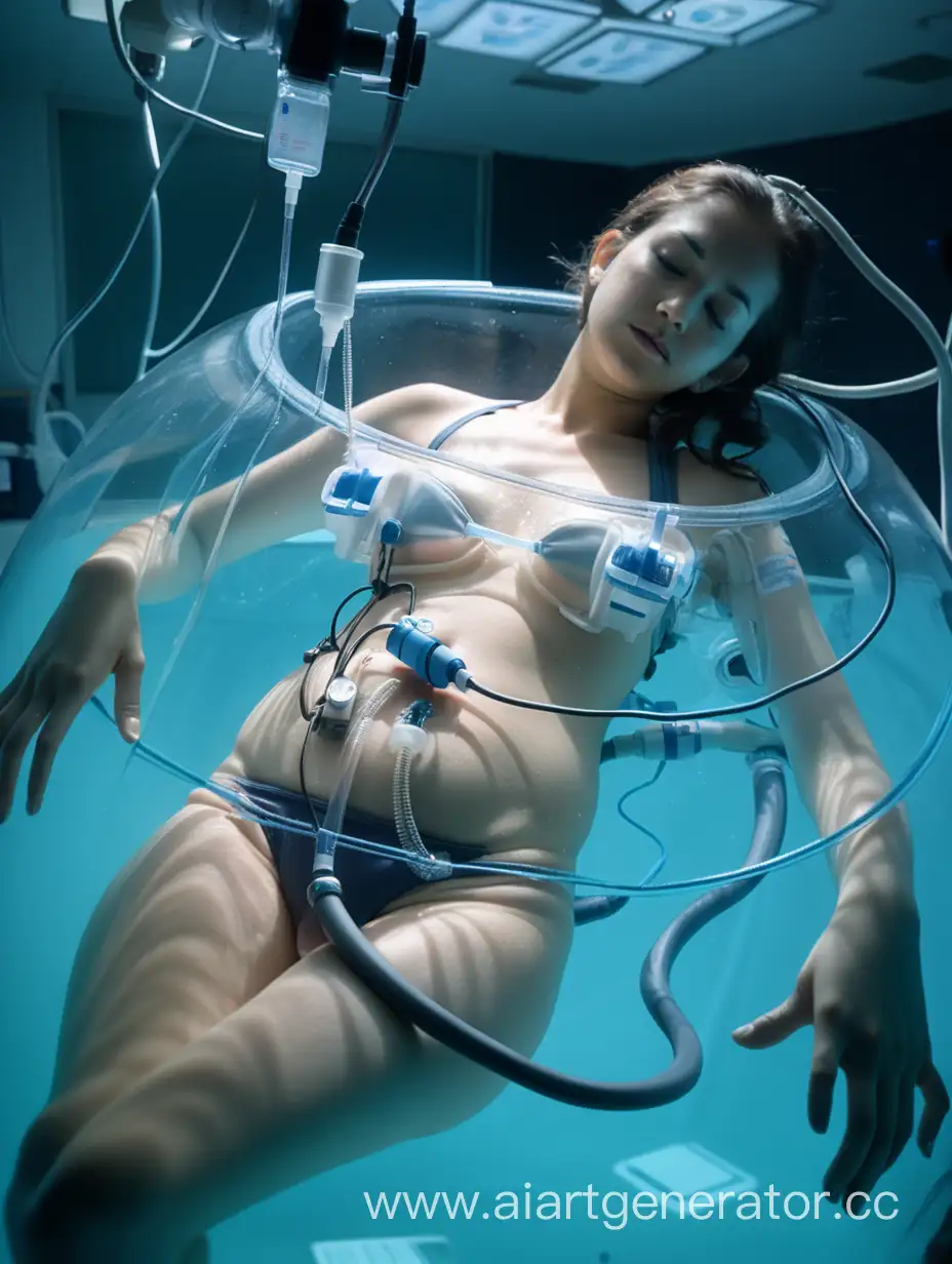 A woman lying submerged in a clear liquid in a transparent tank. She is wearing an underwire bra that extends out of the water, connecting her to a network of sensors and wires attached to the tank's sides. These sensors and wires are monitoring her vital signs, such as heart rate, blood pressure, and respiration. The woman's plastic diaper is also visible, with large tubes and hoses affixed to them, draining the fluids from her body into collection bags positioned on the floor. The room is dimly lit, creating a calm and sterile atmosphere, with medical equipment and monitors surrounding the tank. A large hose is connected to the front of her diaper, snaking from between her legs. She is in her 30s.