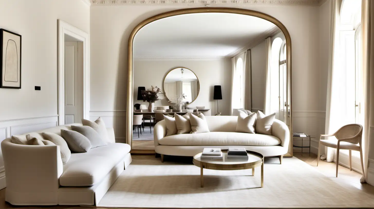 Modern Haussmanian living room with ivory walls, limed oak floorboards, neutral toned decor, curved beige sofa, tall brass leaning mirror, textured rug, day light, open to a dining room