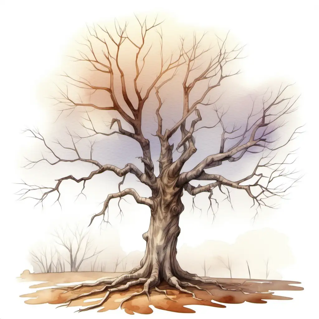 malovaná ilustrace,akvarel styl, vytvoř starý velký strom, který už nemá moc listí, usychá a má široký kmen. Vedle toho roste malý strom, který má tenký kmen, tenké větvičky a pár lístků