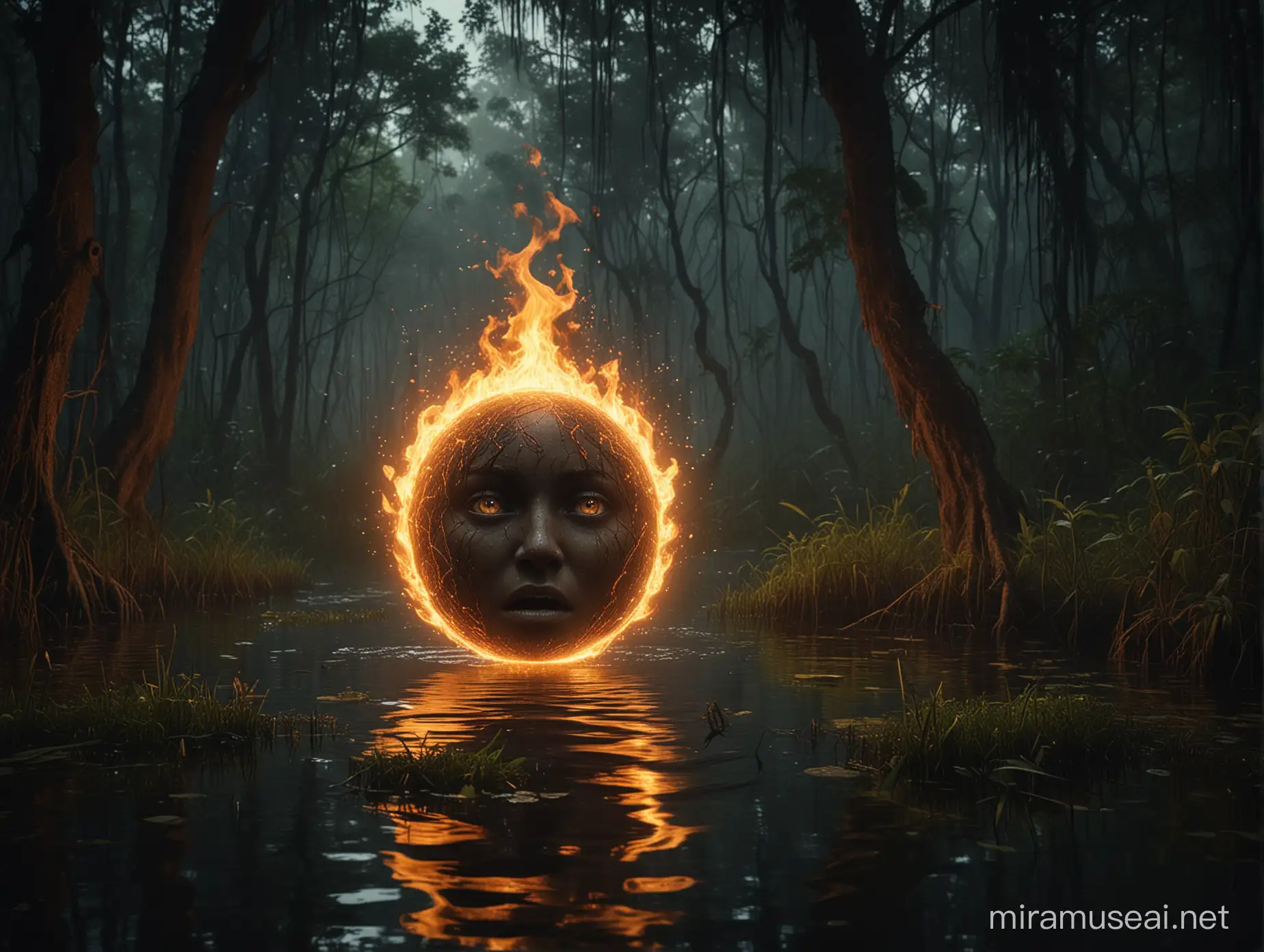 A mysterious floating ball of fire with a human face with an anguished expression, hovering over a swamp in the jungle at night, mystical, cinematic