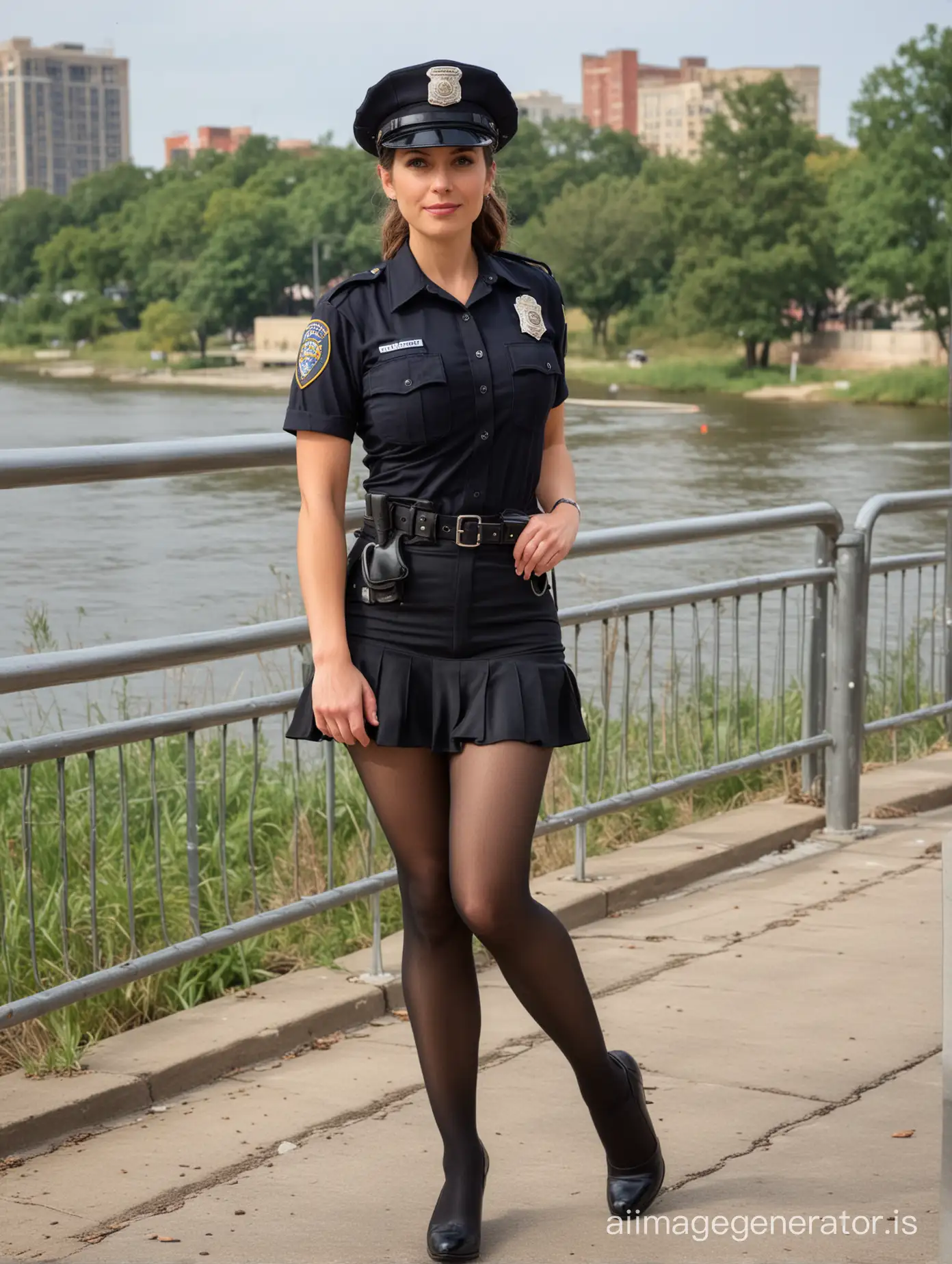 35 years old American policewoman, wears short skirt, black pantyhose, leg swift up at riverside