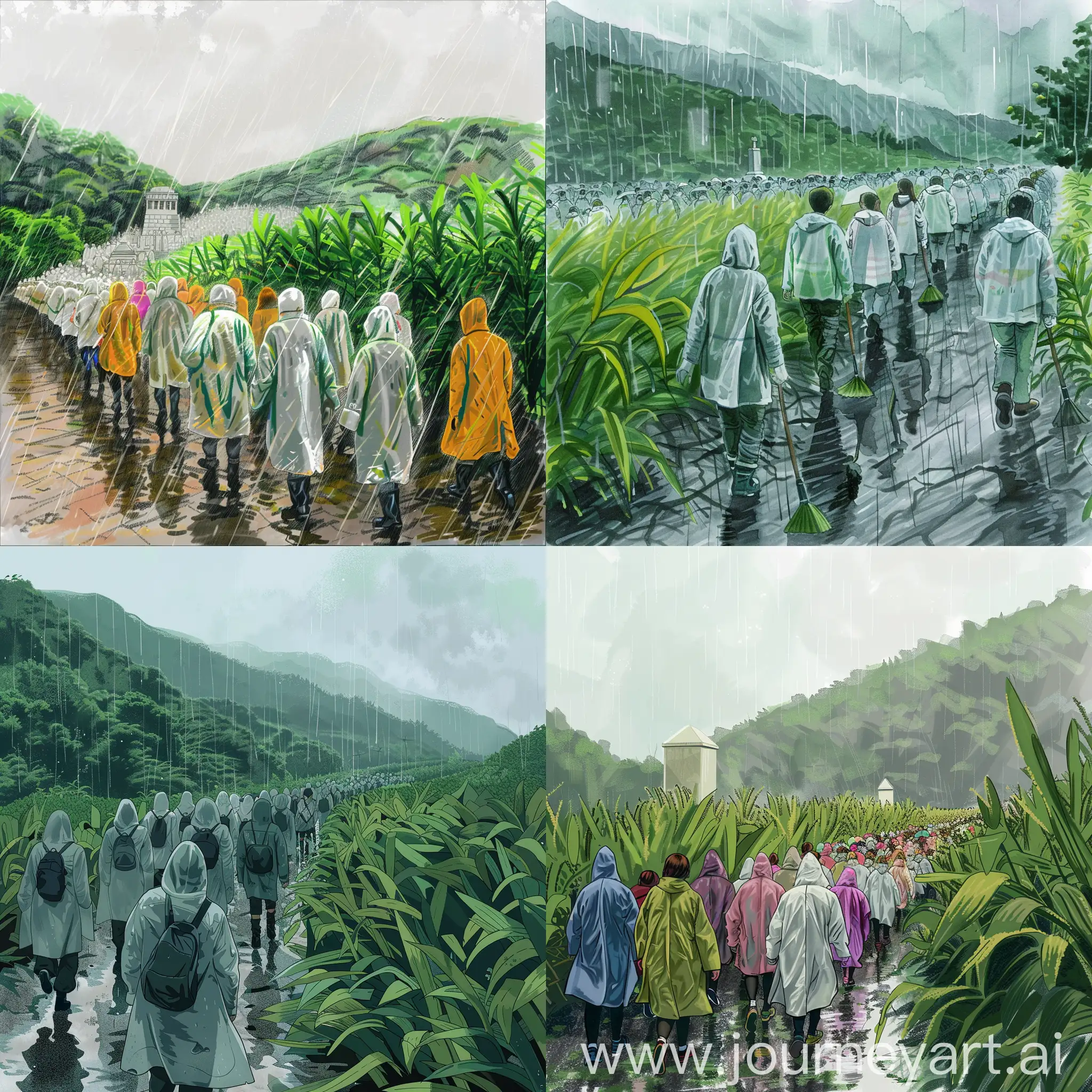 祭扫的场景: 描绘一群学生在雨中穿着雨衣排成长队前往烈士纪念碑的情景。背景是春天的绿色植物和迷雾中的山丘，强调纪念与尊敬的主题，同时也表达了对先辈的深切缅怀。

画一个