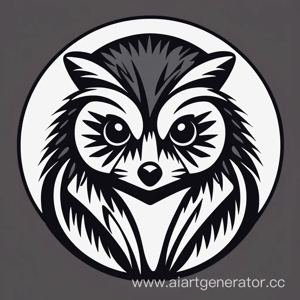 black vector style asymmetrical logo of a creature 50% racoon 50% owl. cute, rounded, face melting