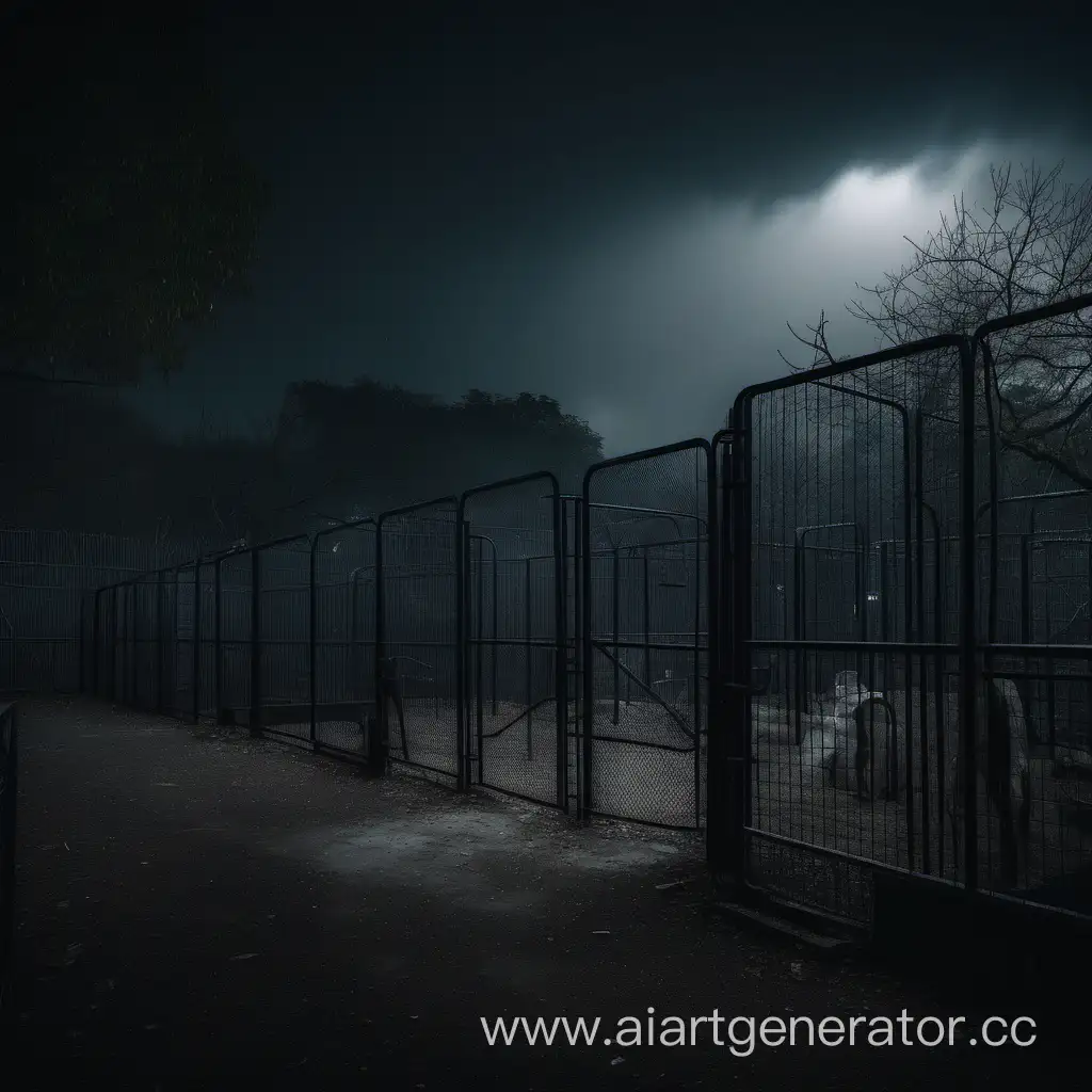 A gloomy dark zoo and nature reserve with a metal fence at night