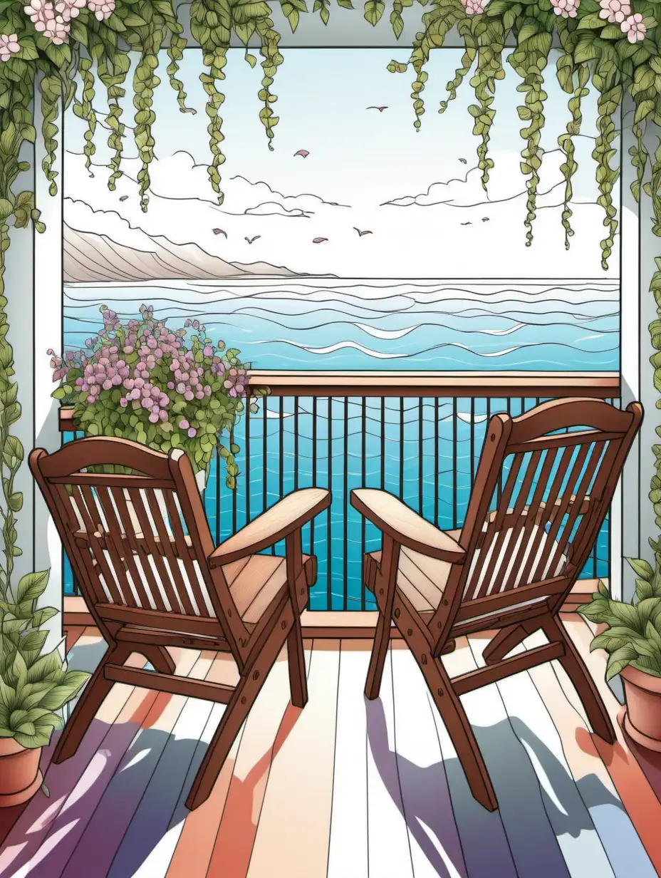 color, romantic ocean view, adult coloring book style, two brown wood chairs on balcony, flowering vines, thick lines, 




