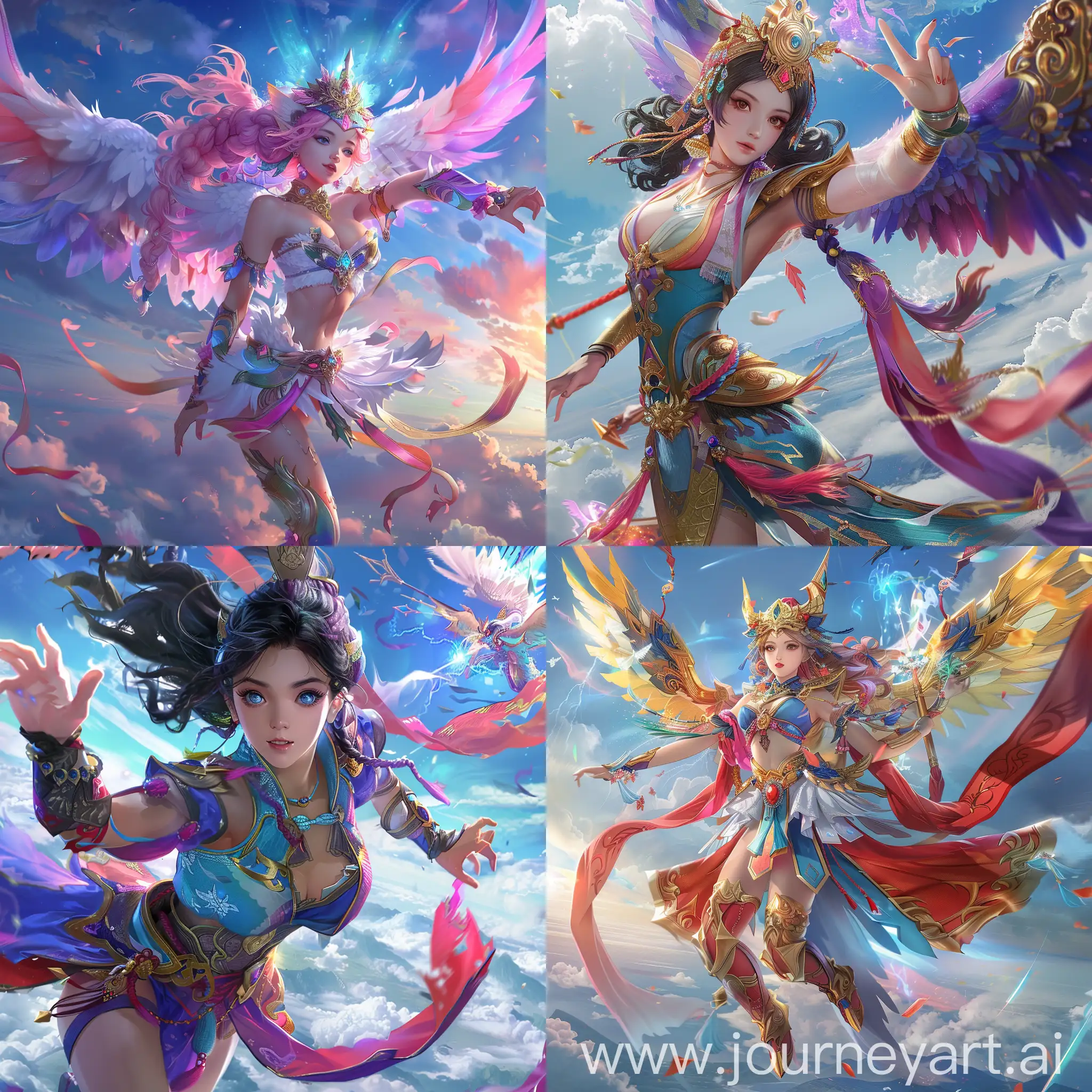 Detailed anime-style character, colorful costume, magical powers, flying in the sky, epic battle, vibrant background, high-quality, dynamic poses, photorealistic, mystical elements, 16:9 aspect ratio