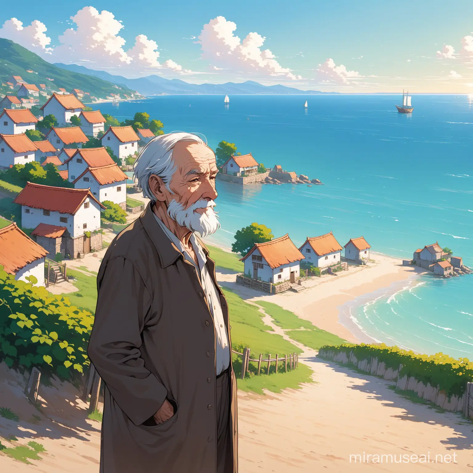 Elderly Fisherman Contemplating by Coastal Village