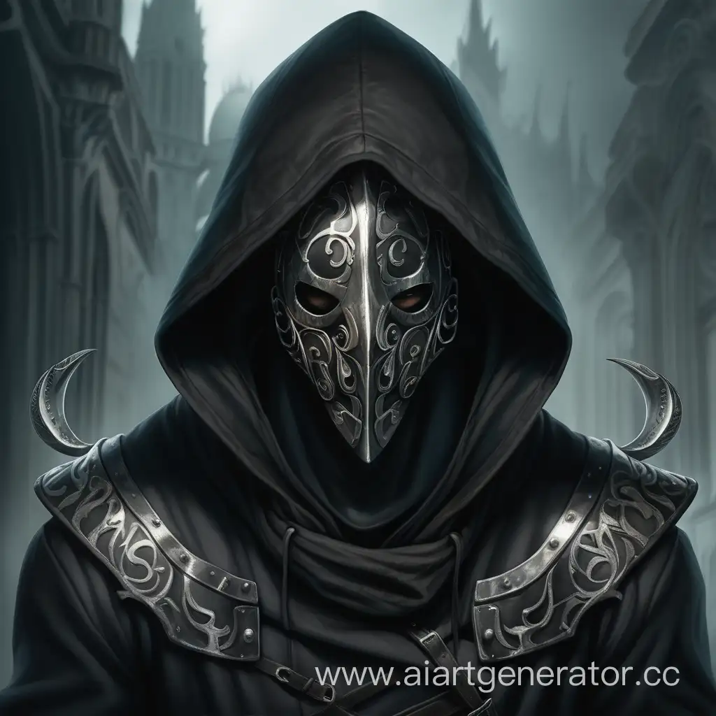 A creature with a steel mask fully covering his face, he wears black hood. Style:fantasy.