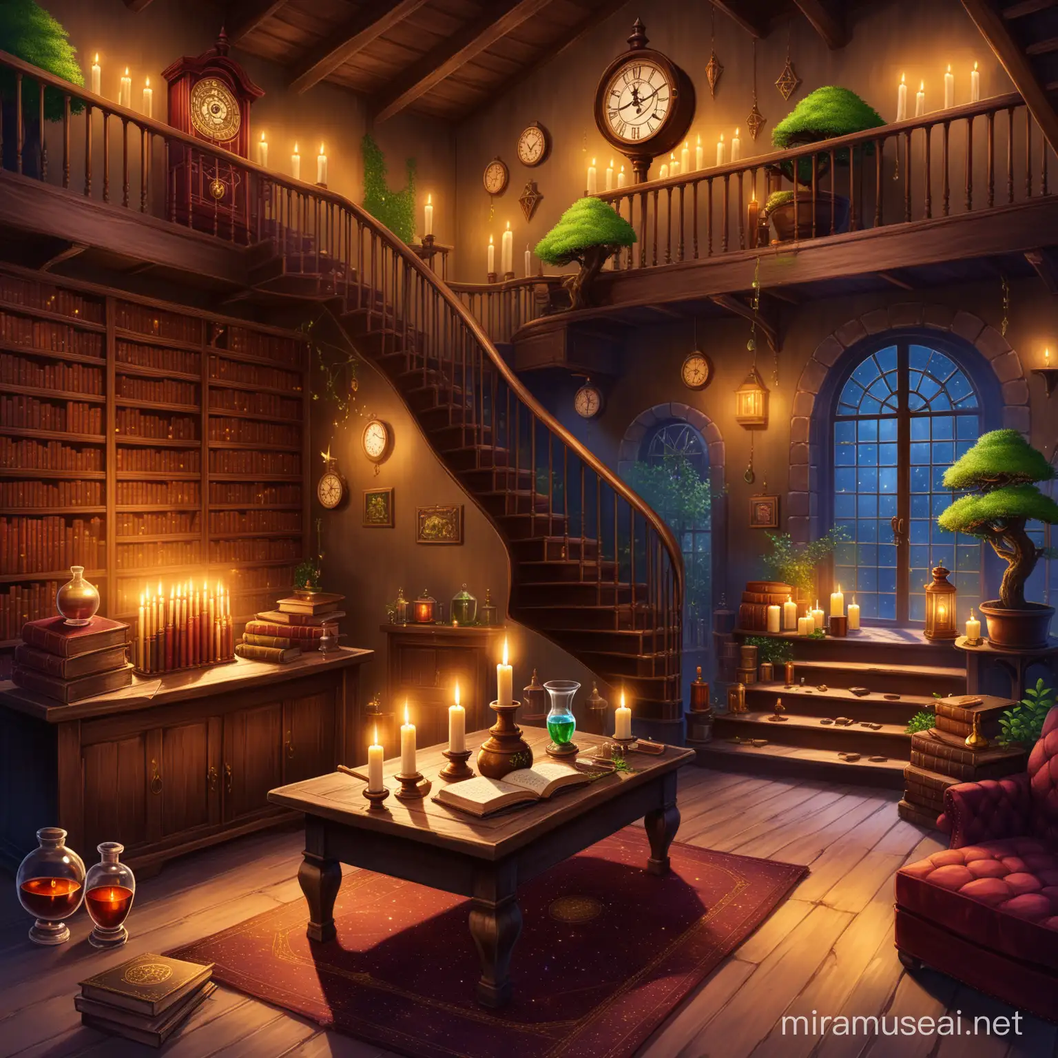 small room, brown walls, old grandfather clock, candles, leather books, brown books, dark red books, gold books, rusty books, bookcase with spell books, a wooden wand, crystal balls, herbs, potion, moss, green, dim lights, magic, spells, an old big bonsai tree inside, magic shop, winding staircase, crystals, plants, old frayed rug, boots, enchanted, mystical, red cushions, guitar, ink and quill, tea, tea leaves, crystal ball sets,  witches hats, astrology charts, bowl of water, 