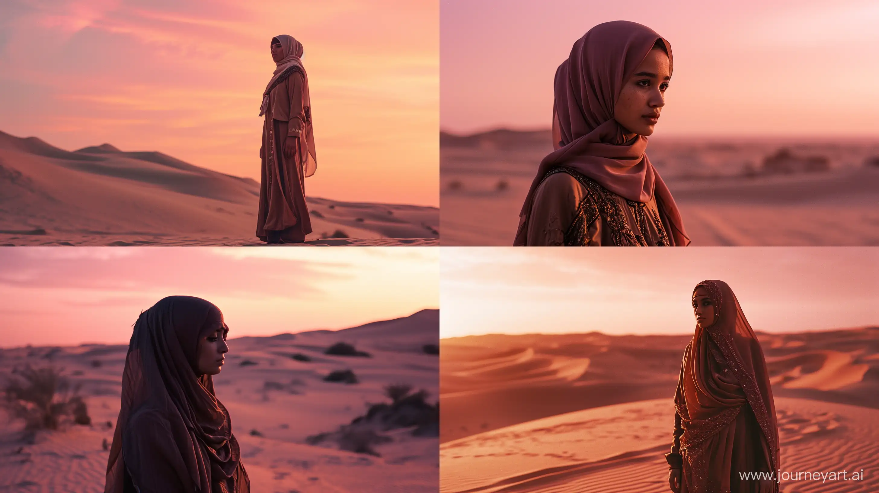 Arabic hijabi woman standing in desert. Pink sky, sunset, Nikon AE-1, grainy, retro vibes --v 6.0 --ar 16:9