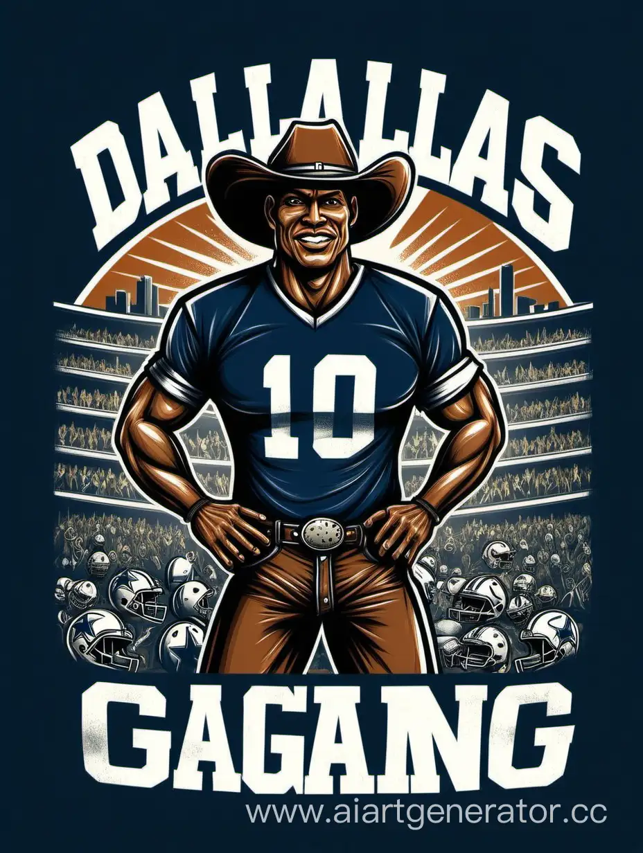 "Dallas Gridiron Gang" with a playful cowboy and football illustration in the t-shirt design 