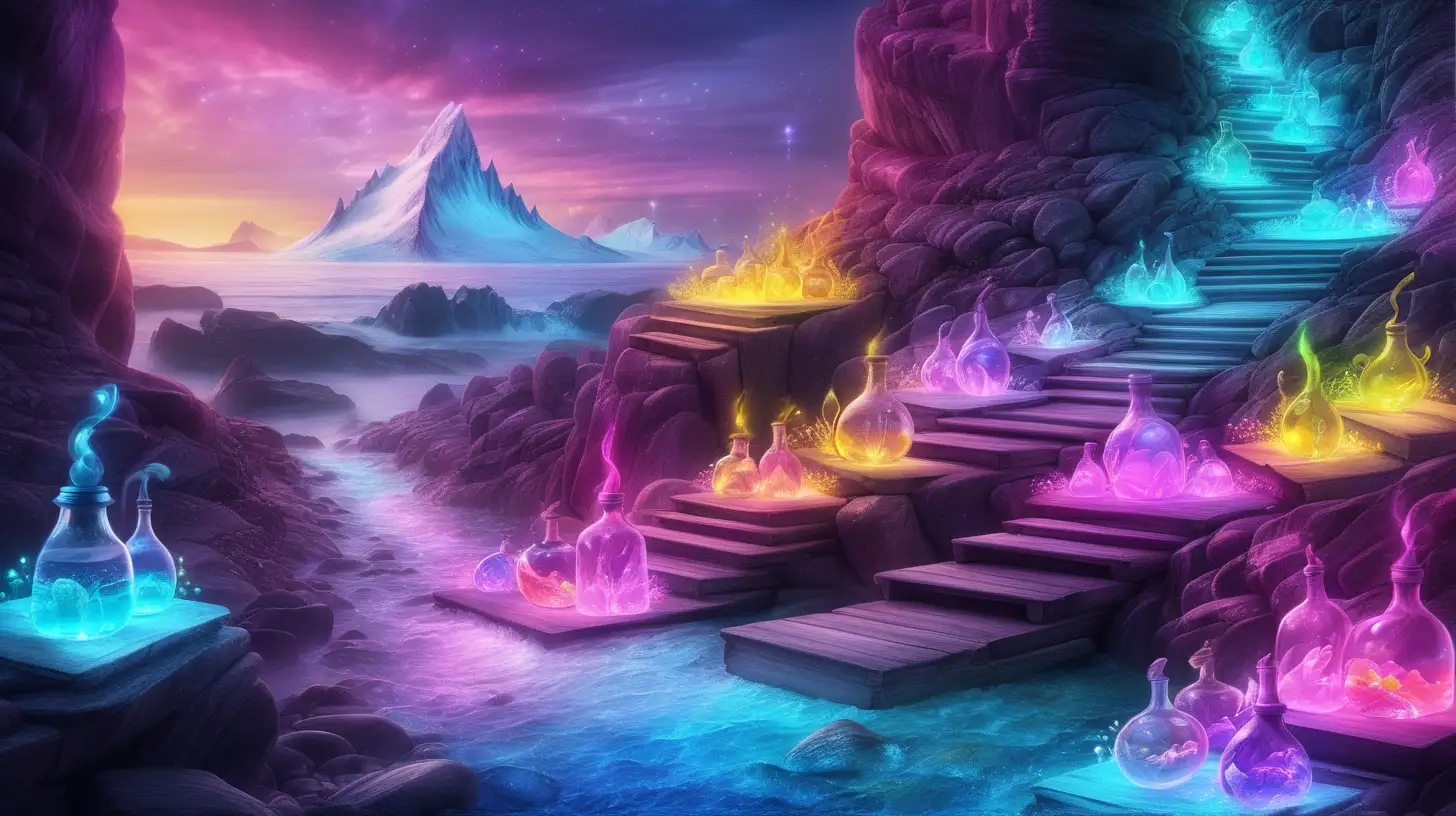  bookshelves with potions creates path to fairytale magical bright-yellow-pink-green-blue-purple glowing flowers in a glowing bright pink river and ocean side with blue-fire lava and magical glowing ice glaciers