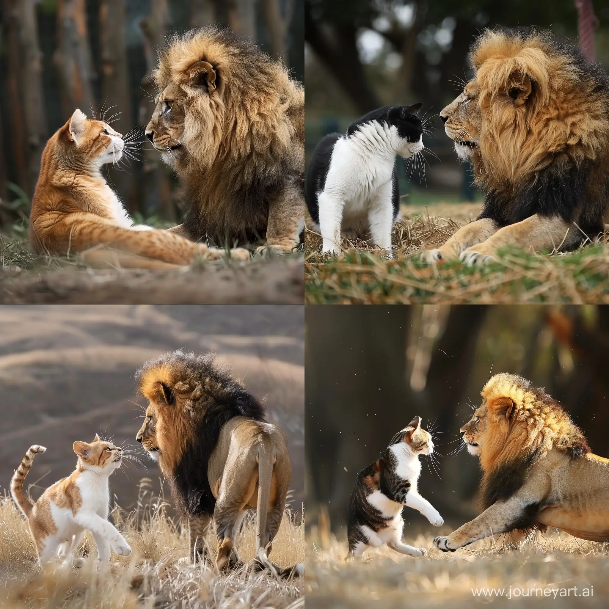 中华田园猫和一头雄狮在草原上玩耍