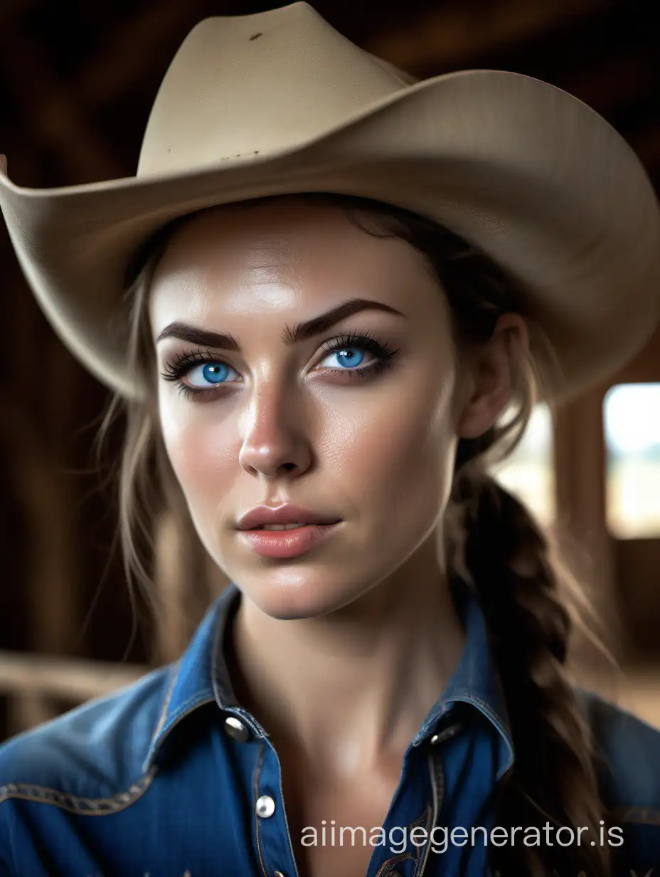 A portrait of a cowgirl, looking beautiful, posing in the barn, deep blue eyes, staring elegantly, double cheeked, thin sexy lips, long thick black eye brows, high nose, brunnete, photorealistic, realism, high detail picture, sharp and focus image, raw photo, natural lighting scenario, shot with Hasselblad X2D camera  lens 55 mm f 2.5, depth of field