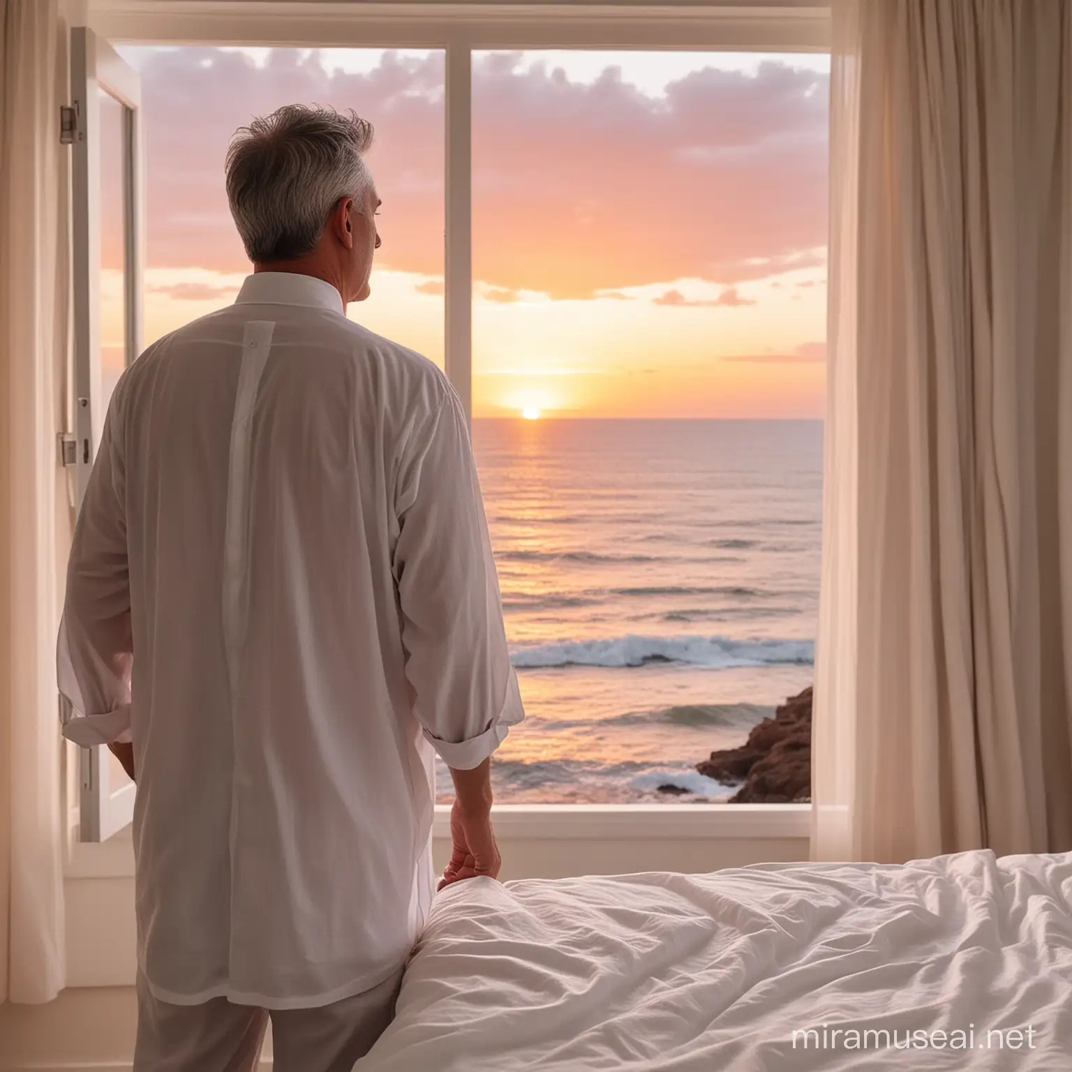 Un hombre de mediana edad con canas en el cabello y vestido con una túnica blanca está de espaldas y mirando por una  ventana por la que se ve el mar en un atardecer con el cielo rojizo. Delante de él hay una cama desecha con sábanas blancas