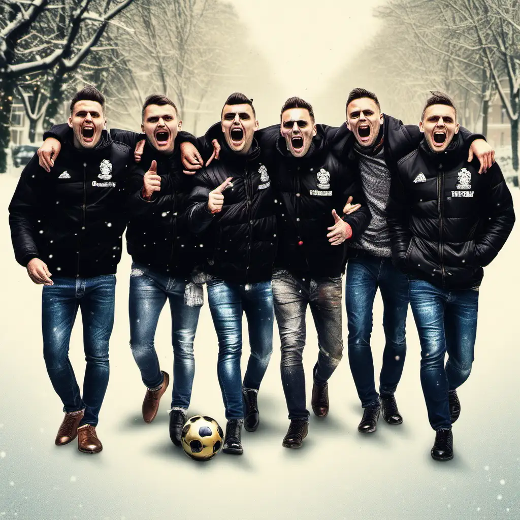 Create a Merry Christmas postcard that contains some football holligans in black jackets