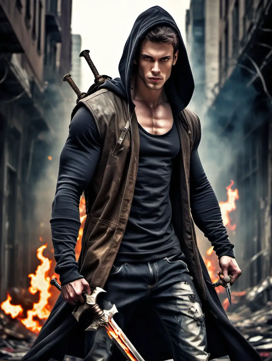 A slim, but slightly muscly male figure, tall, dark brown hair, strong jaw, light hazel eyes, handsome young, hoodie, bullet proof vest, standing in a post apocalyptic city, holding one flaming excalibur sword, two hunting knives strapped to his legs 