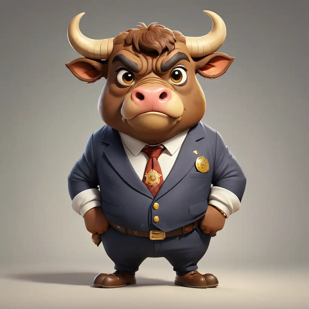 a bull, cartoon style, full body, big eyes, Mayor clothes, clear background