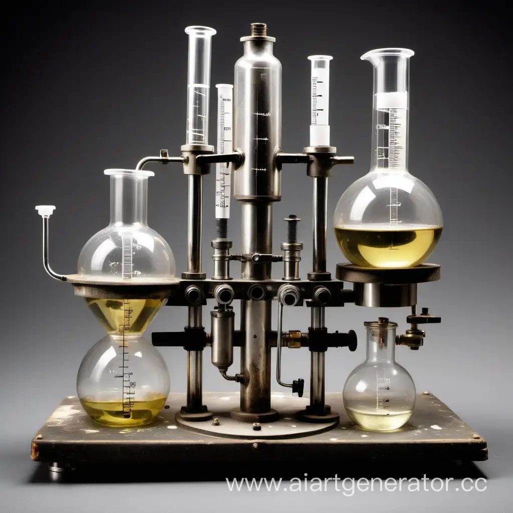 Old homemade chemical apparatus with flasks and a syringe in the middle