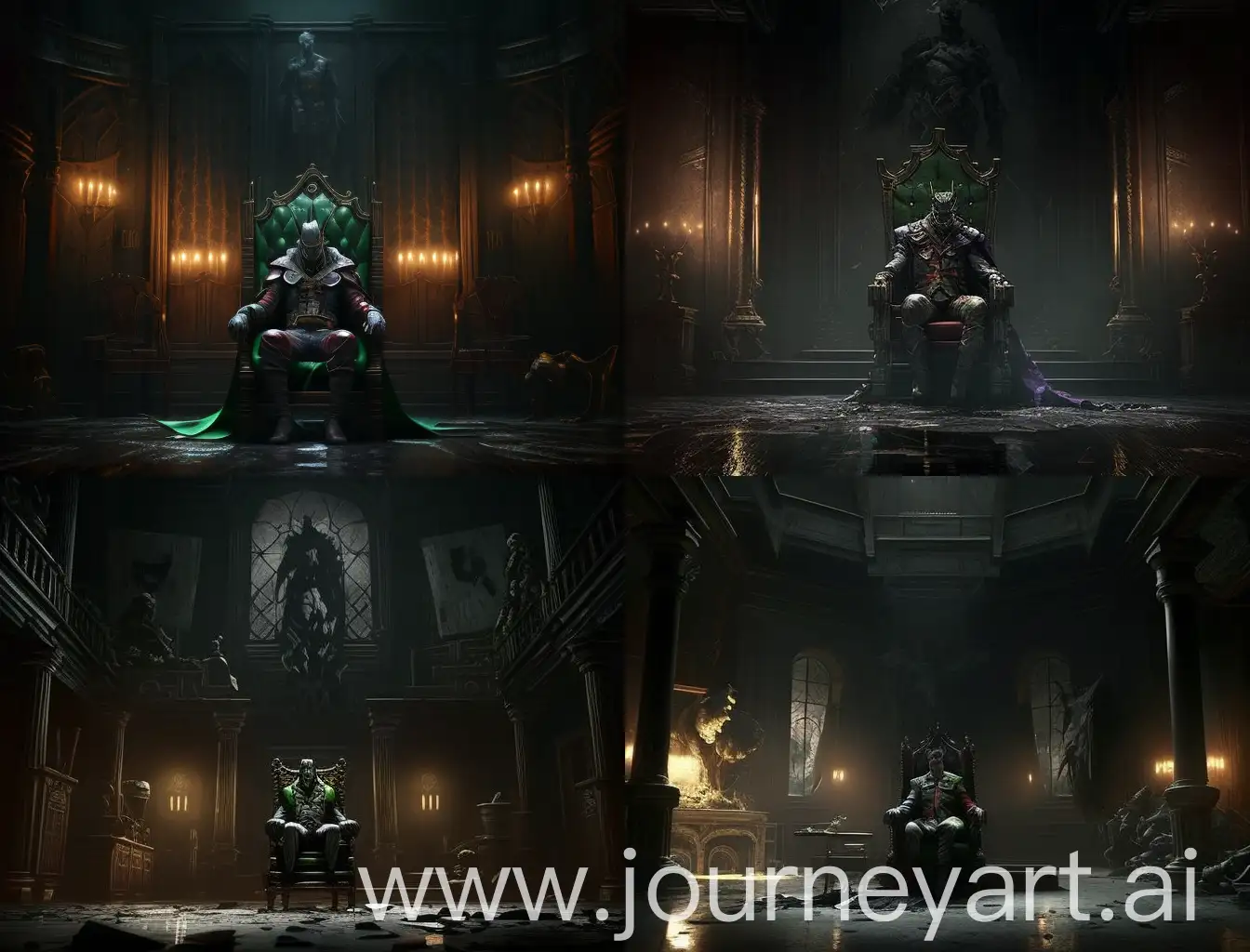 With his interesting style, the Joker is sitting on a big royal chair and looking forward, and the surroundings are similar to one of the rooms of the palace, which is just a little messy and has a slightly  environment and a few lights can be seen, the camera frame should It should contain all of these and the entire Jorker, be real and cinematic