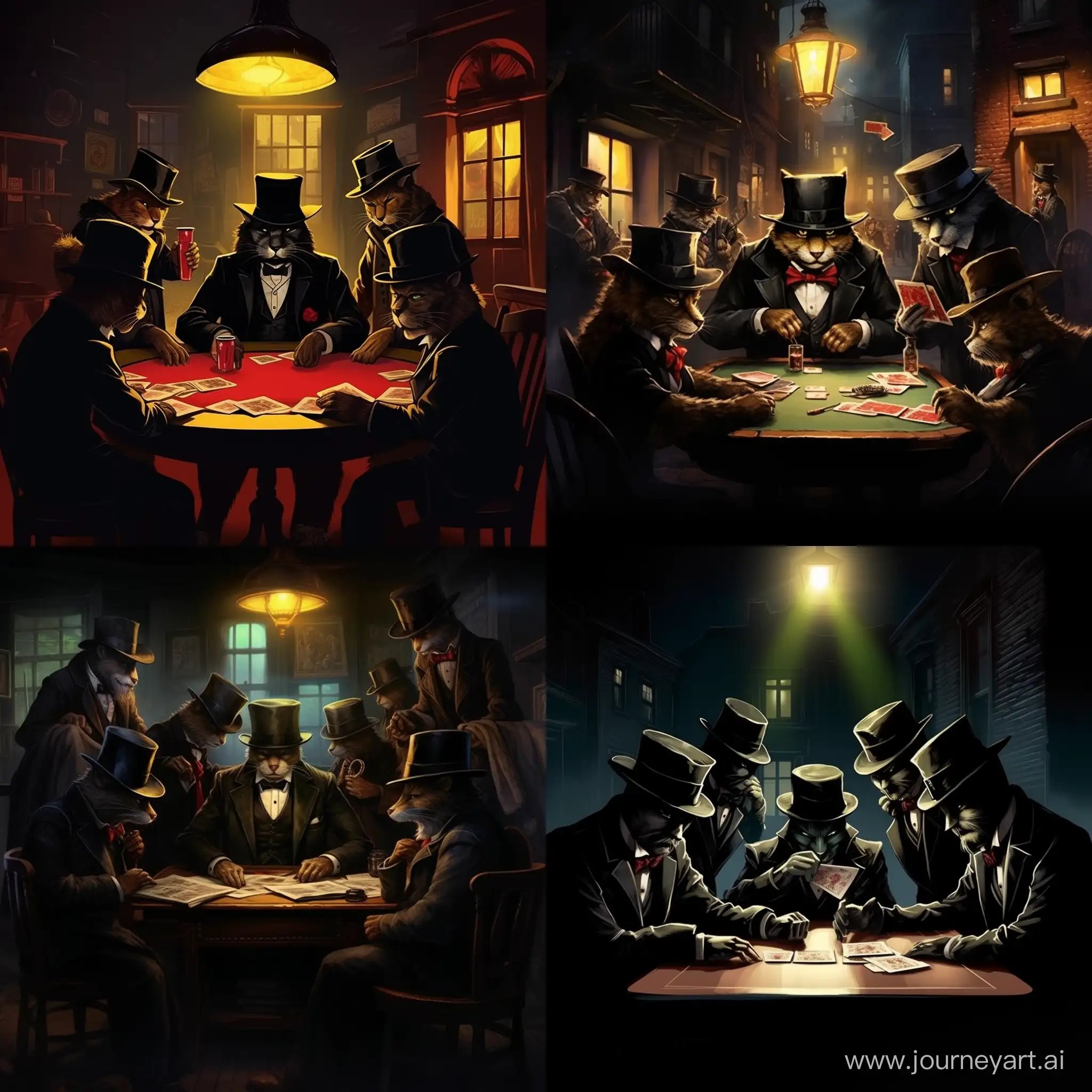 Picture a dimly lit alley where a group of suave-looking cats, wearing tiny fedoras and mysterious glances, gathers around a makeshift card table. The cards are dealt with precision by a cat with a monocle, and others exchange sly looks as they engage in a feline version of the Mafia game, plotting and scheming amidst the shadows of the night.