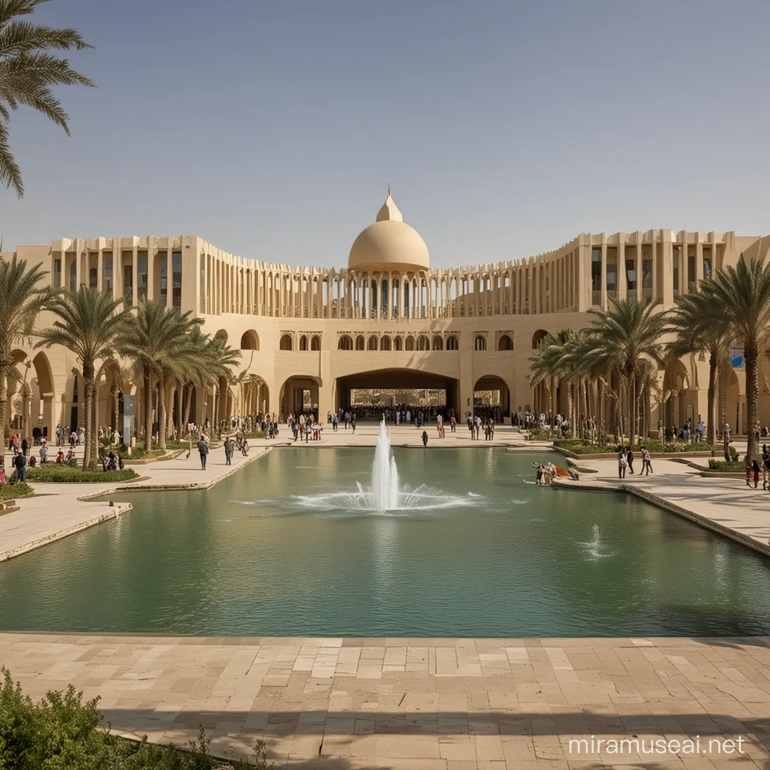 The design of the Iraq Pavilion at the Baghdad International Fair has a modern architectural style that combines heritage and contemporary times. The design includes fountains and terraced gardens.