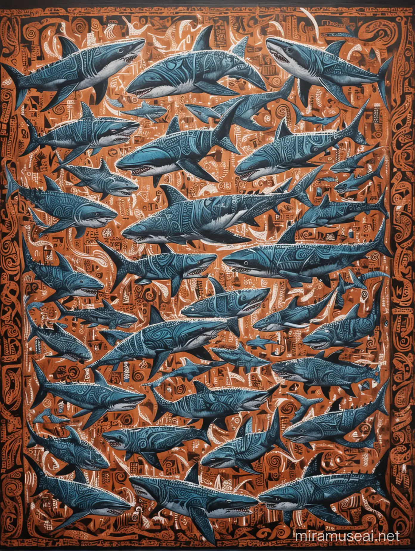 Dynamic Tribal Samoan Painting with Sharks Swimming