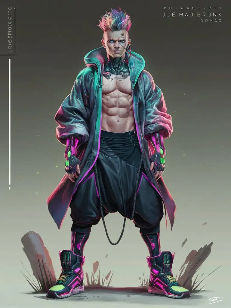 tall lithe athletic masculine post-apocalyptic cyberpunk nomad, dyed spiky undercut, squinting expression glowing eyes, hi-tech facial implants, streetwear futuristic fluorescent neon futuristic oversized loose techwear overcoat and matching color high-top sneaker boots, black skintight undershirt and leggings, black extra baggy parachute harem pants, anime western animation joe madureira studio mir full character reference sheet