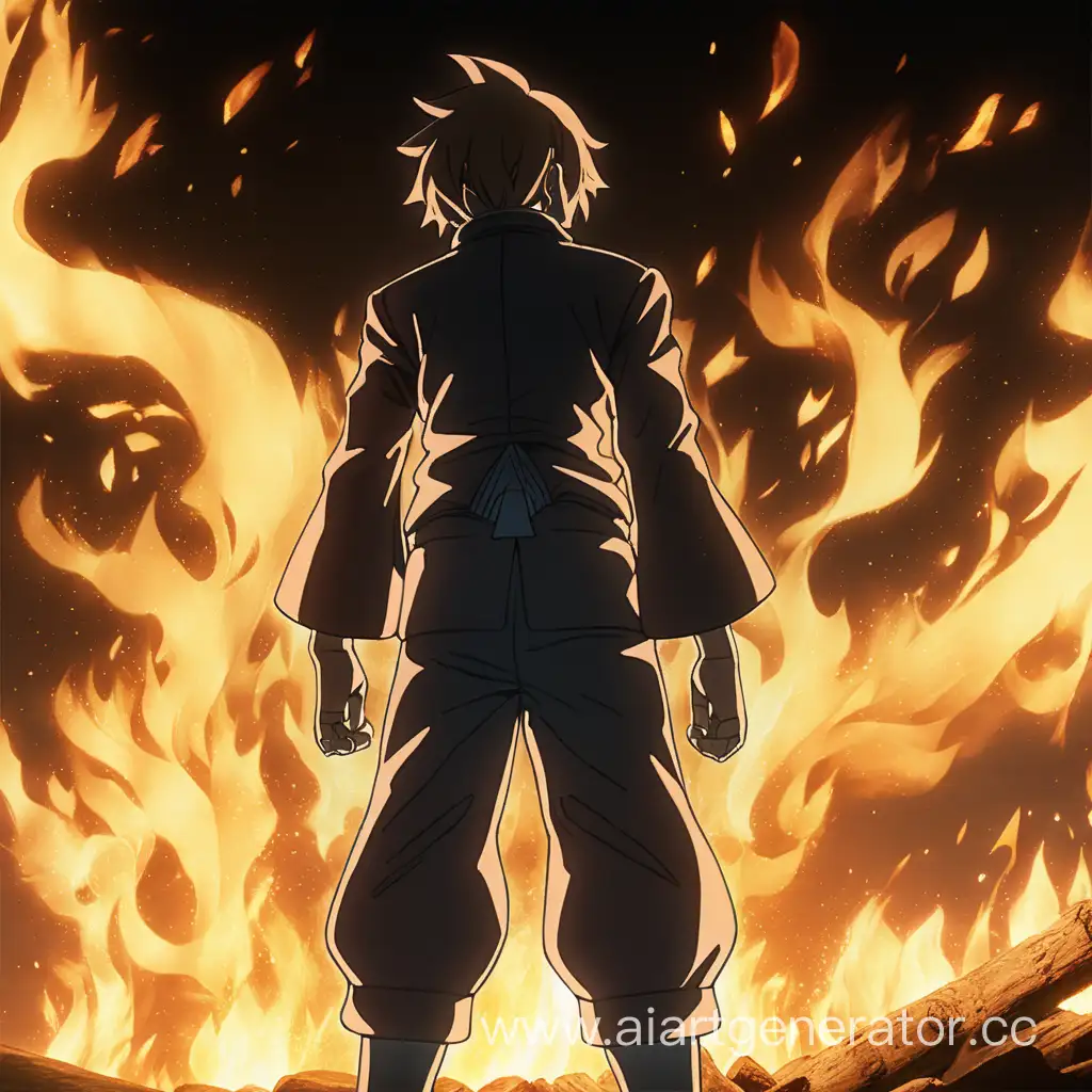 аниме персонаж, затенённый, стоит спиной, на фоне горит огонь