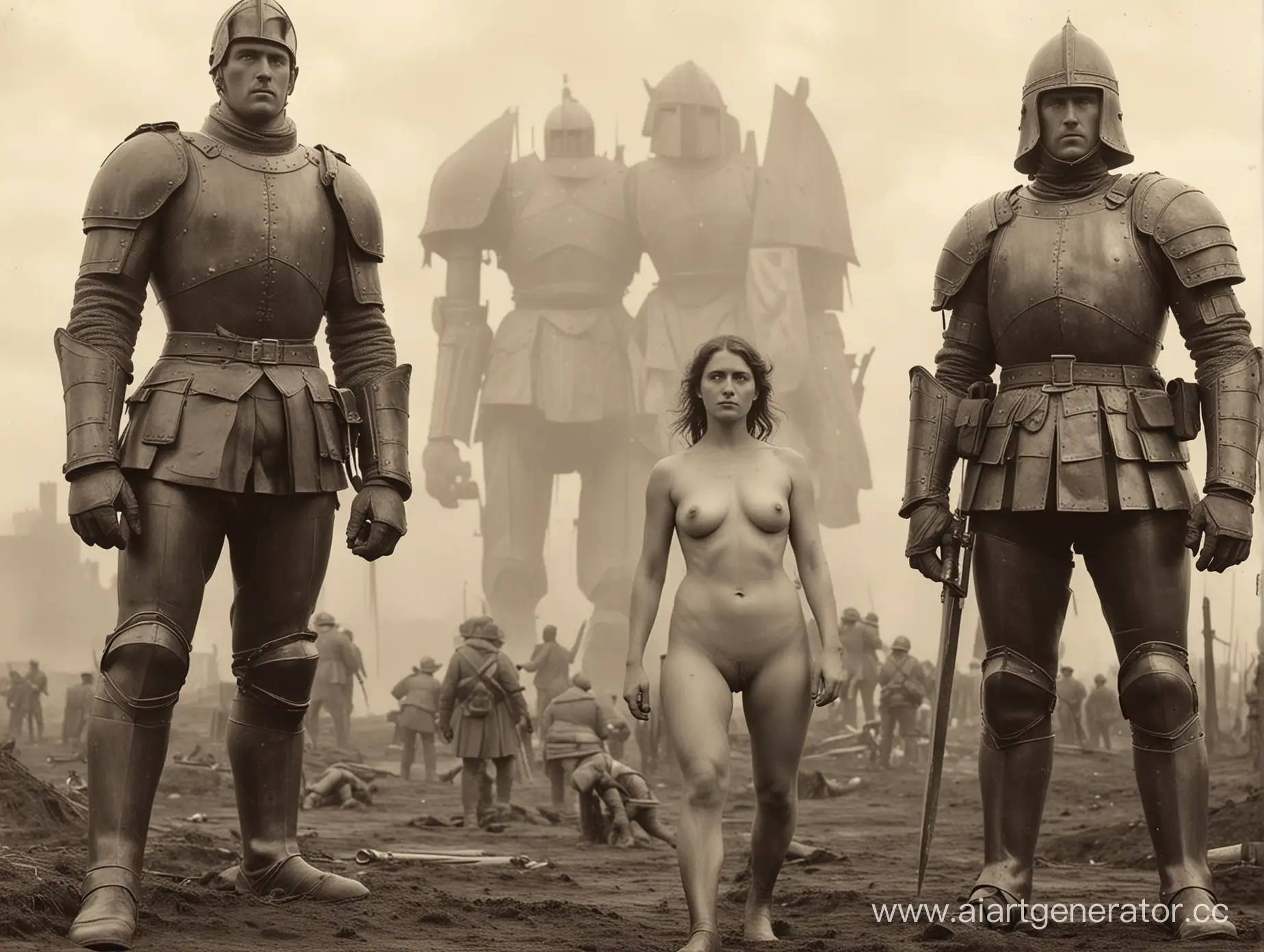 Полуобнажённая женщина, на поле битвы первой мировой войны, рядом с ней стоит гигантский солдат и гигантский рыцарь, стиль очень старое фото