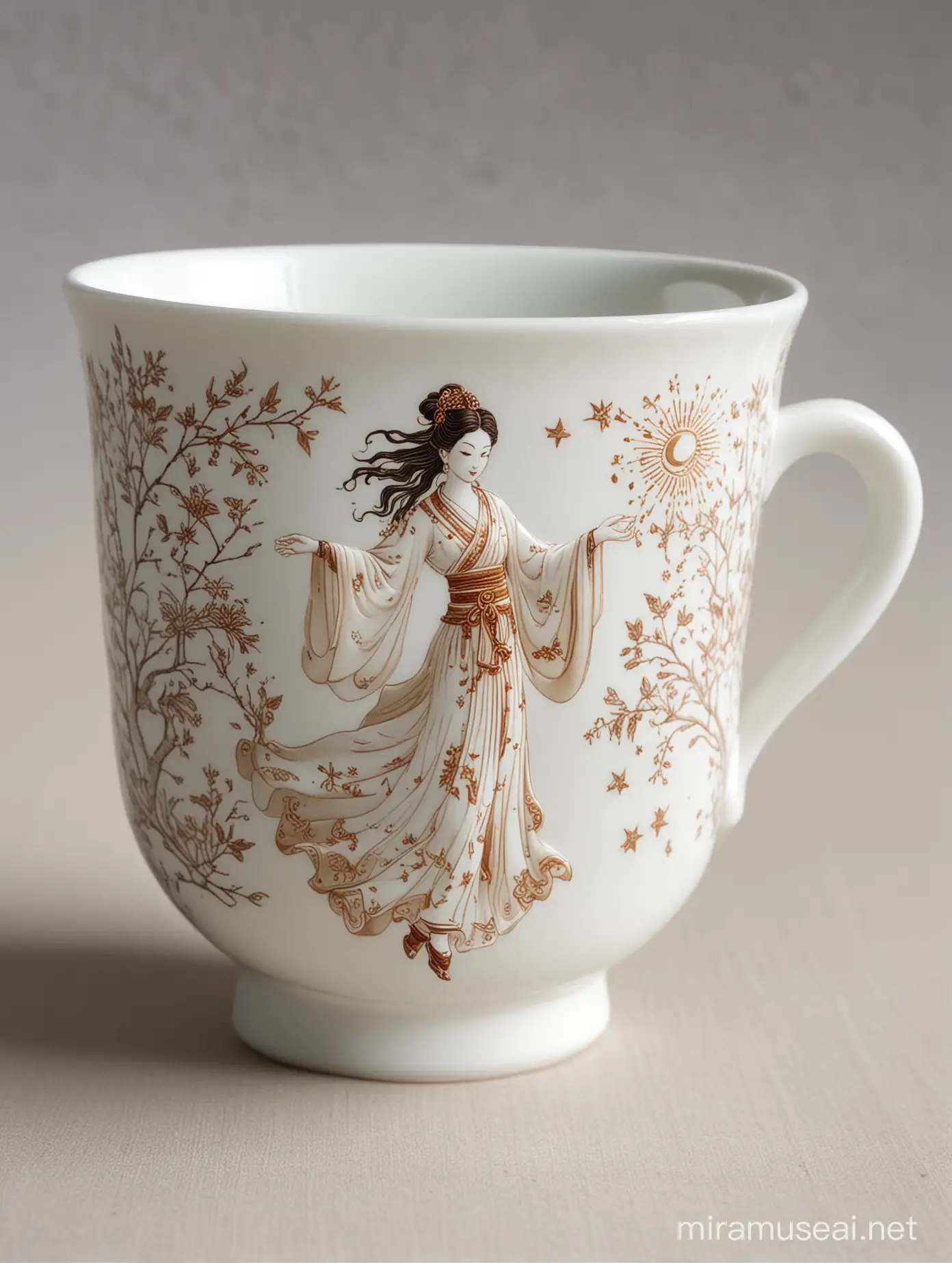 Elegant Dunhuang Dancing Celestial Maiden in Chinese White Porcelain Teacup