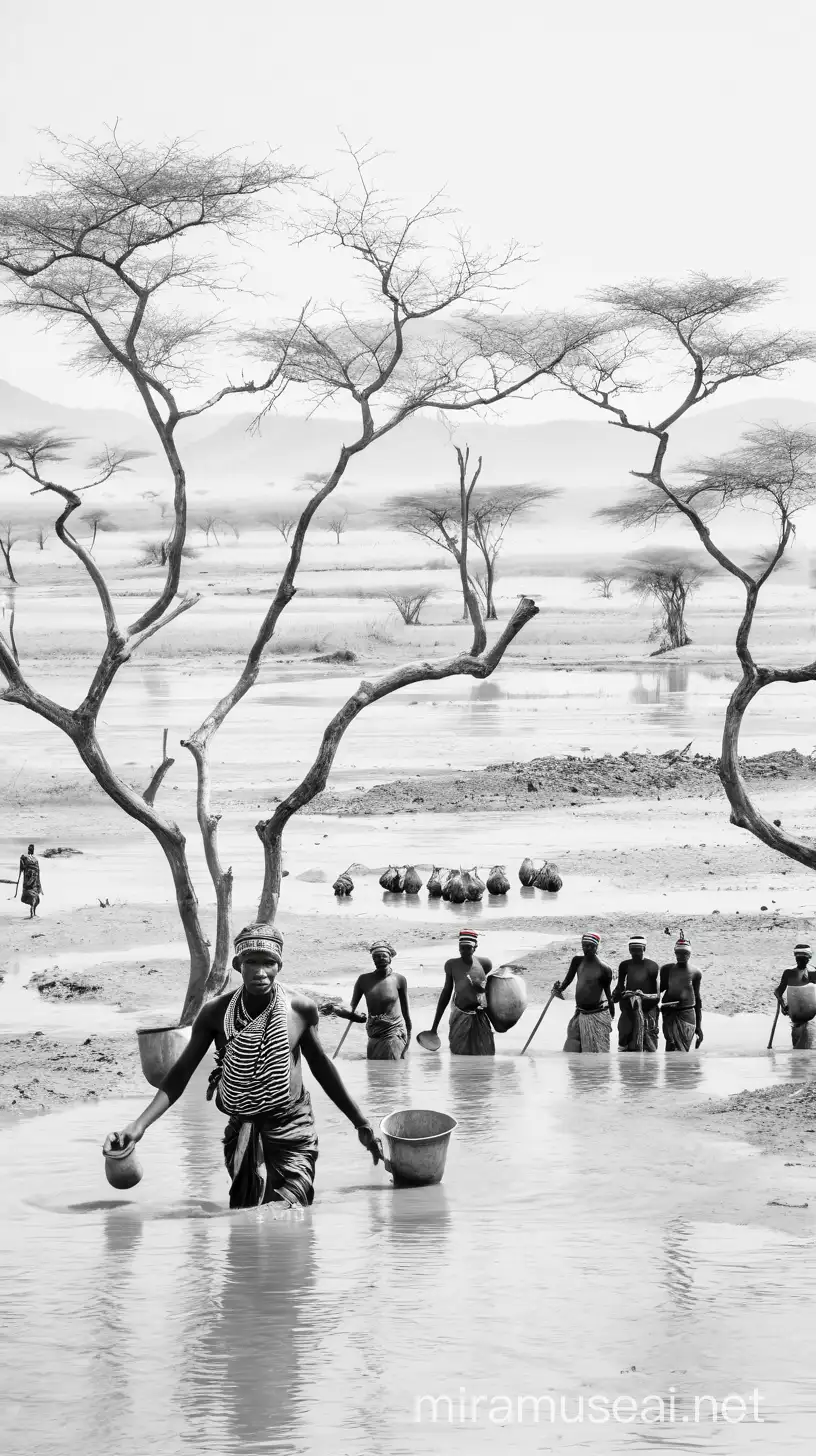 《寻找水》在寻找水的南奥莫，居住在山谷中的部落，依靠奥莫河生存。后面那棵树的位置和大小要一致，他们正在寻找水的路上，黑白画风，纪实高清真实细节摄影作品。

