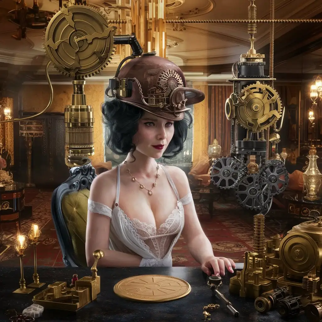 A 30 year old, steampunk victorian lady, black haired, petite wearing only her chemise and a complex mind-reading cap attached to a large 
Analytical Engine in a luxurious steampunk hotel room