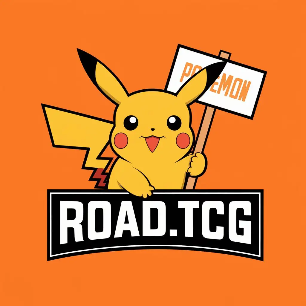 logo, pokemon, pikachu, holding sign(company name), with the text "Road.TCG", typography