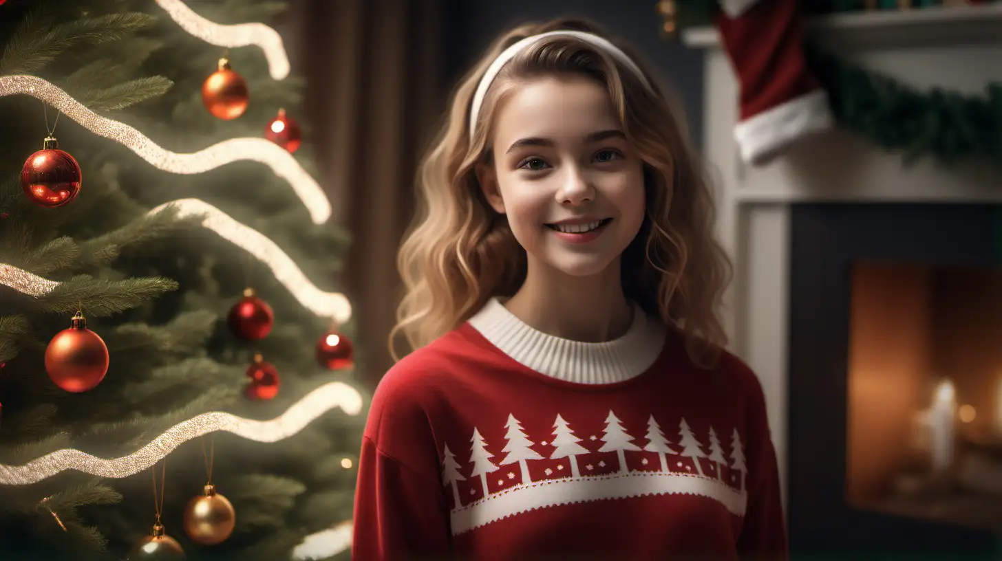 Create an AI-generated scene featuring a young lady standing near a Christmas tree, gazing at it in awe with a joyful smile. Capture the enchanting moment as the holiday spirit fills her with wonder and delight.