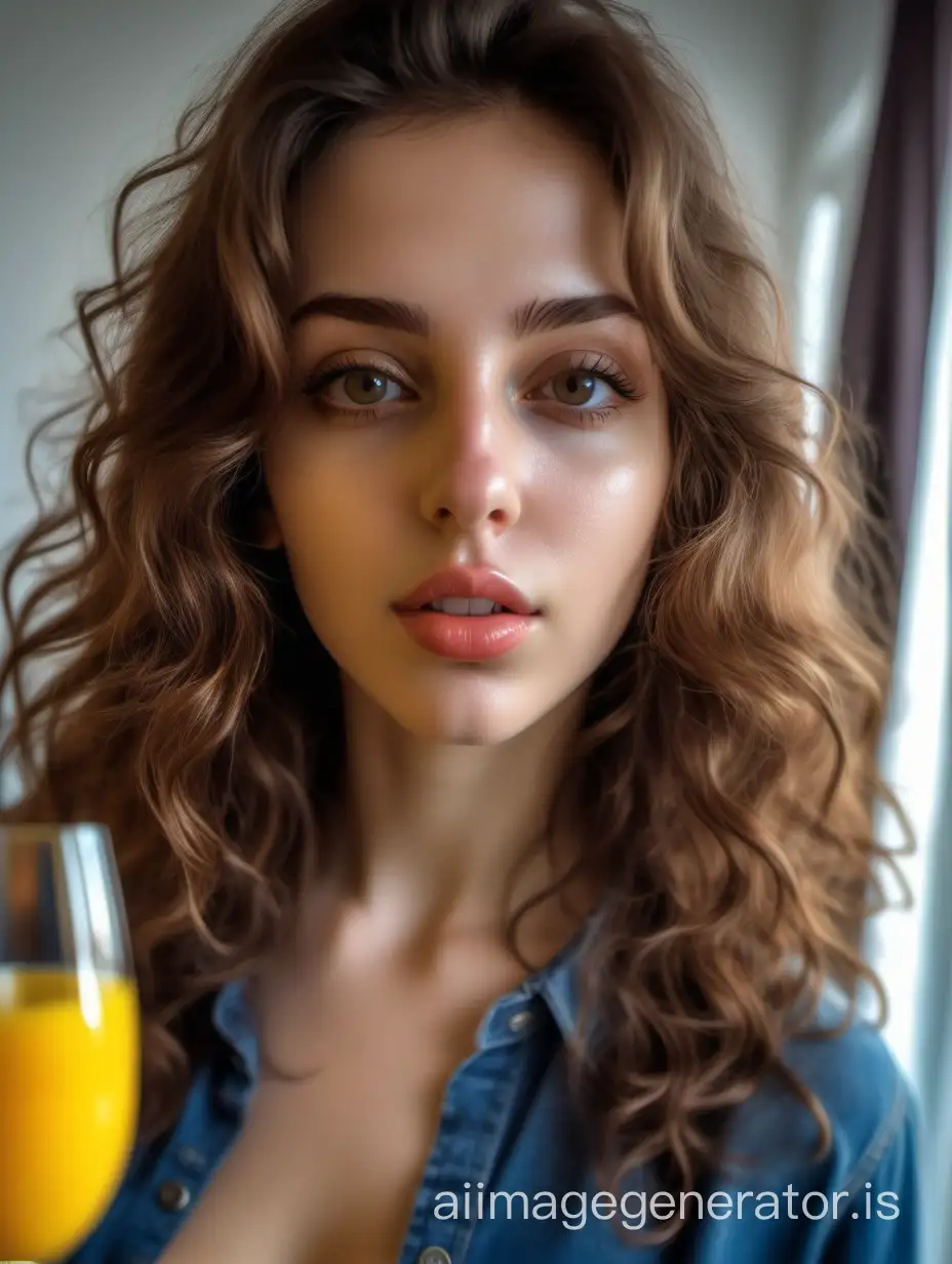 hot mirror picture of Michela an italian prosperous girl, just came back home from college with brown wavy hair, she wear casual outfits, hyperrealism, 26yo, HDR, hyperdetailed, RAW photo, 8k, beautiful and delicate lips, handling a tick yellow mimosa