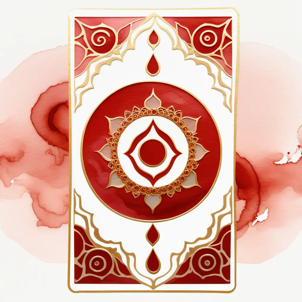 Ethereal Oracle Card with Soft Red Chakra Symbol and Gold Lace on a Plain White Background