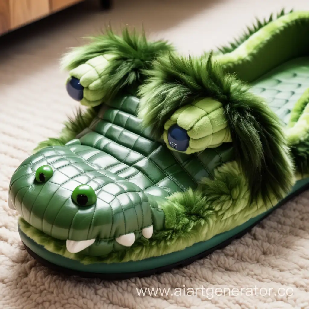 Furry alligator slipper, face focus
