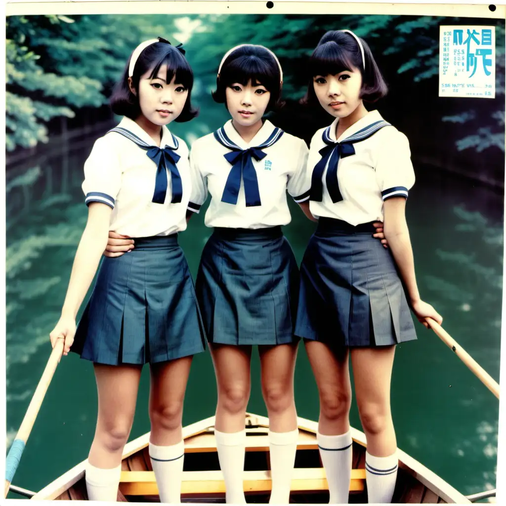 record sleeve for 1960s j-pop group, with realistic photograph of two young adult female singers, dressed in seifuku with short skirts, holding hands, sat in a rowing boat on a pond, title is “Twin Tales”, includes company logo and price markings, slightly worn condition