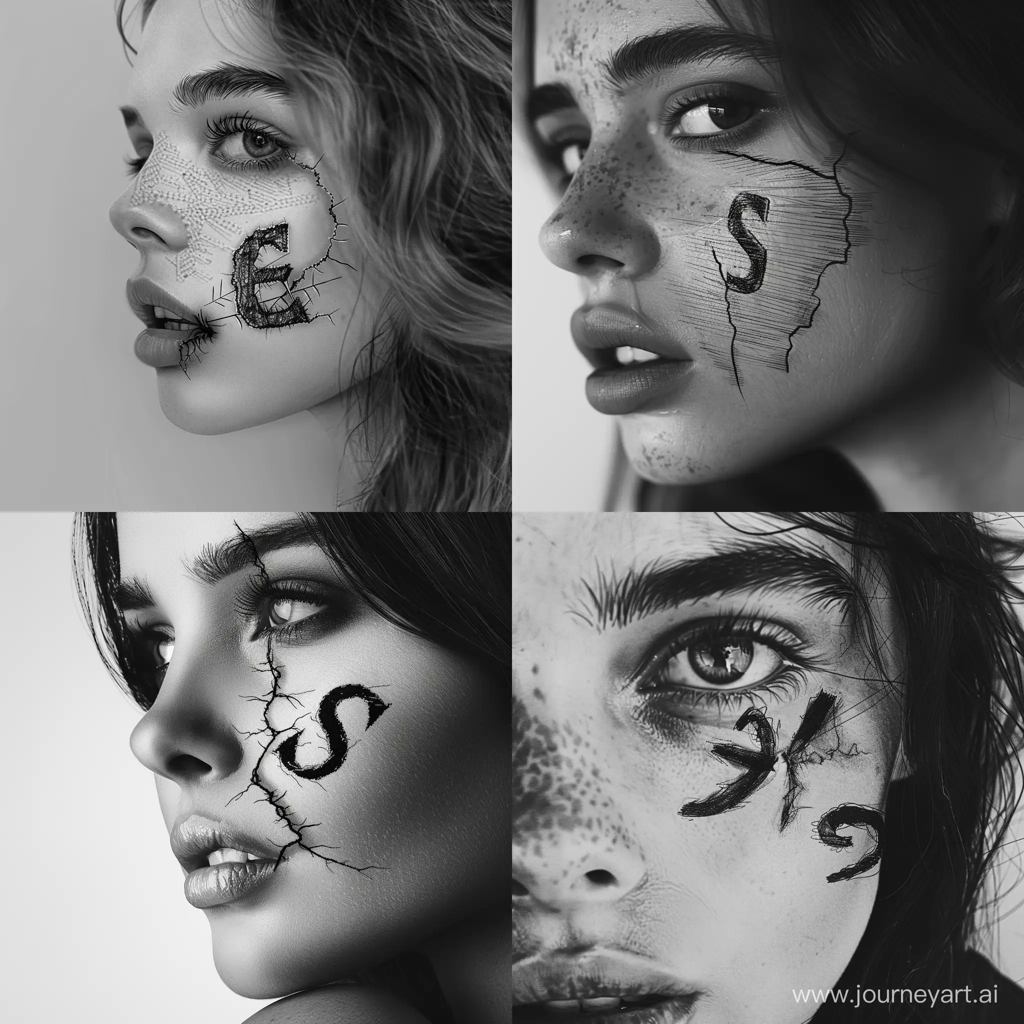 black and white sketch of a wound in the shape of the letters e and s on the cheek of a beautiful girl, 4k, white background