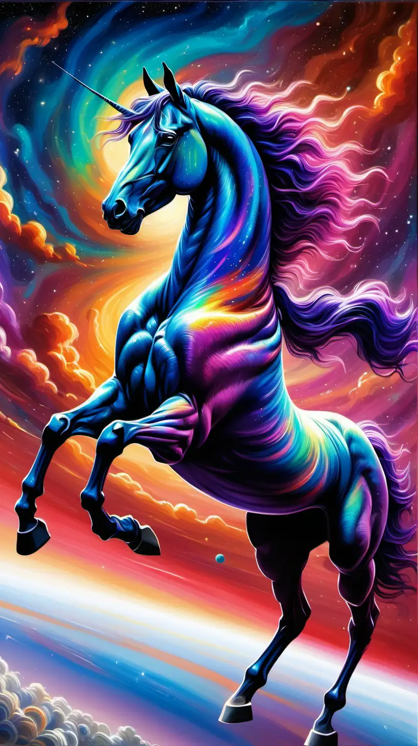 the painting of a colorful space horse, in the style of detailed perfection, richly colored skies, glorious, serene faces, glowwave, realistic yet imaginative, i can't believe how beautiful this is --ar 128:127 --v 6. 0