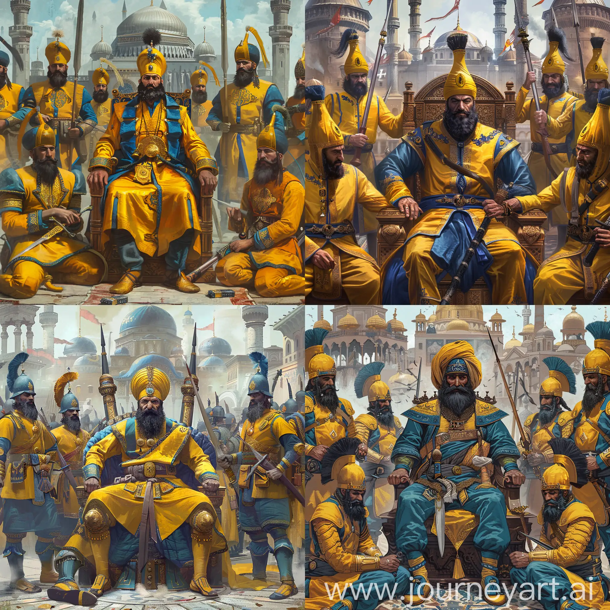 a middle-aged ancient Ottoman sultan is sitting on his imperial throne in the middle, he has black Ottoman style beard, yellow-blue Ottoman hat and costume,

other Ottoman janissaries are in yellow and blue color armor, they hold swords or spears in hands, they have janissaries hat and black beard, they stand around the sultan, with slippers,

they are all before an Ottoman palace, other Ottoman temples as background,