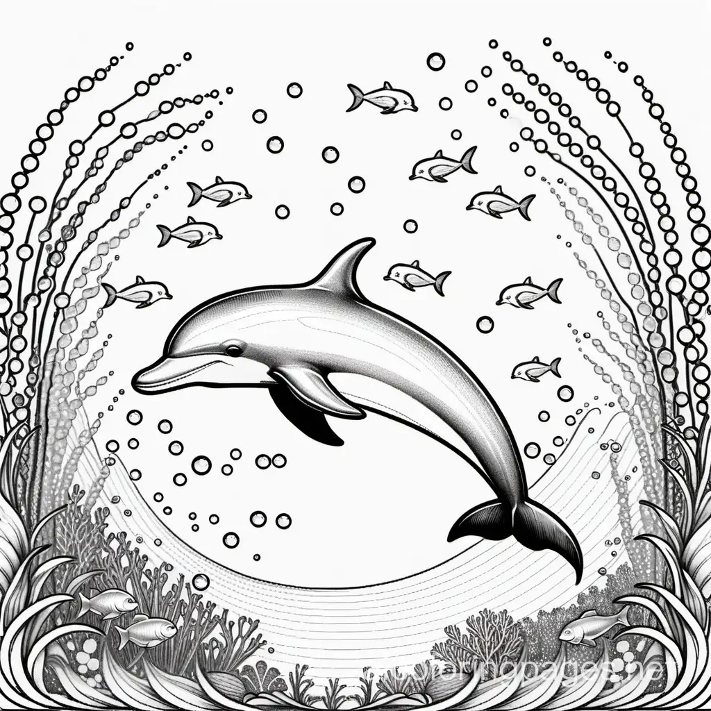 A coloring book page, white background, Cute Dolphin: Dive into the crystal-clear ocean, where a playful dolphin leaps out of 
the water. Waves sparkle, and coral reefs teem with colorful fish below. ink drawing, , clipart, simple line illustration, black and white, Coloring Page, black and white, line art, white background, Simplicity, Ample White Space. The background of the coloring page is plain white to make it easy for young children to color within the lines. The outlines of all the subjects are easy to distinguish, making it simple for kids to color without too much difficulty