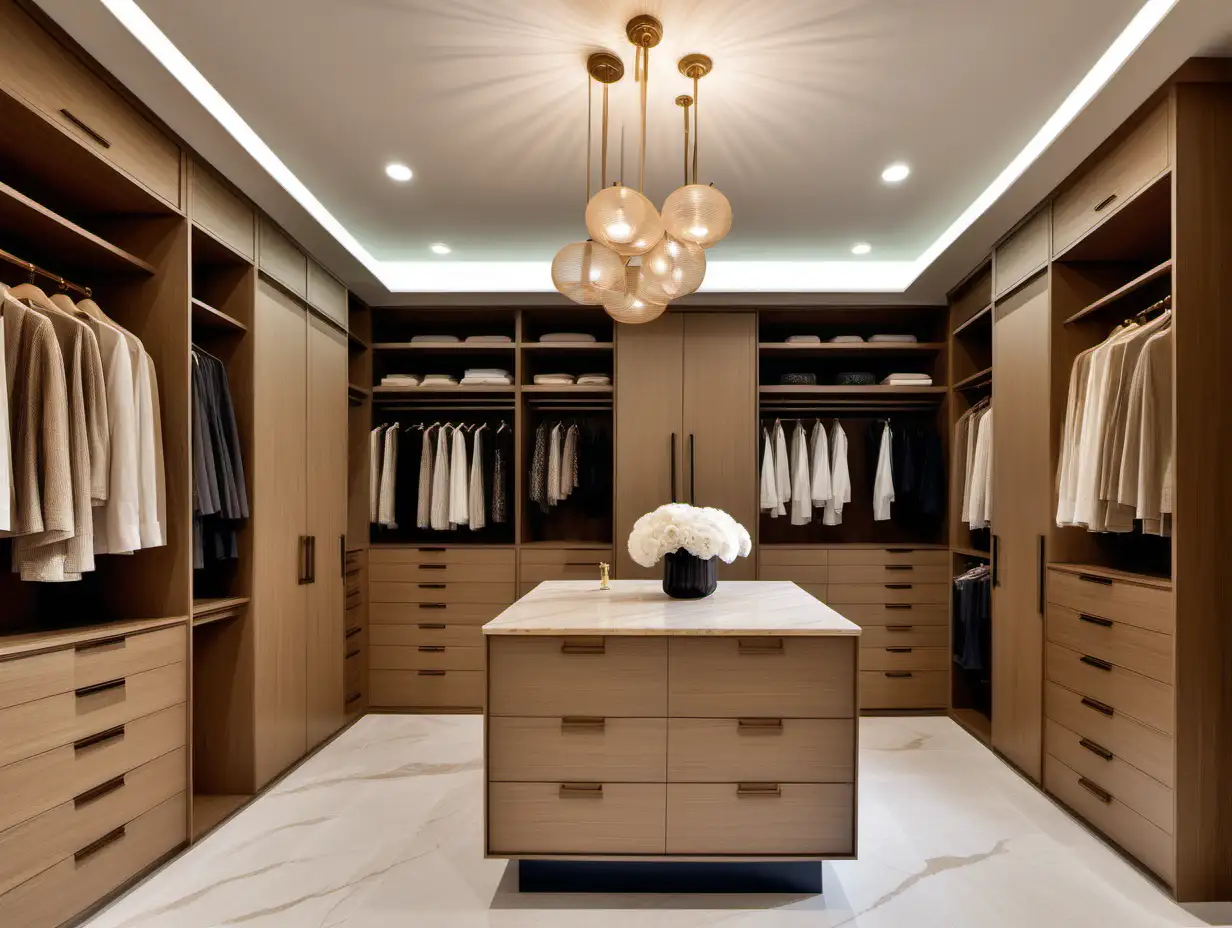 Modern transitional dressing room, floor to ceiling light wooden textured wardrobes, cream floor, large light wood island with bege marble top. Bronze hardware, statement pendant light above island 