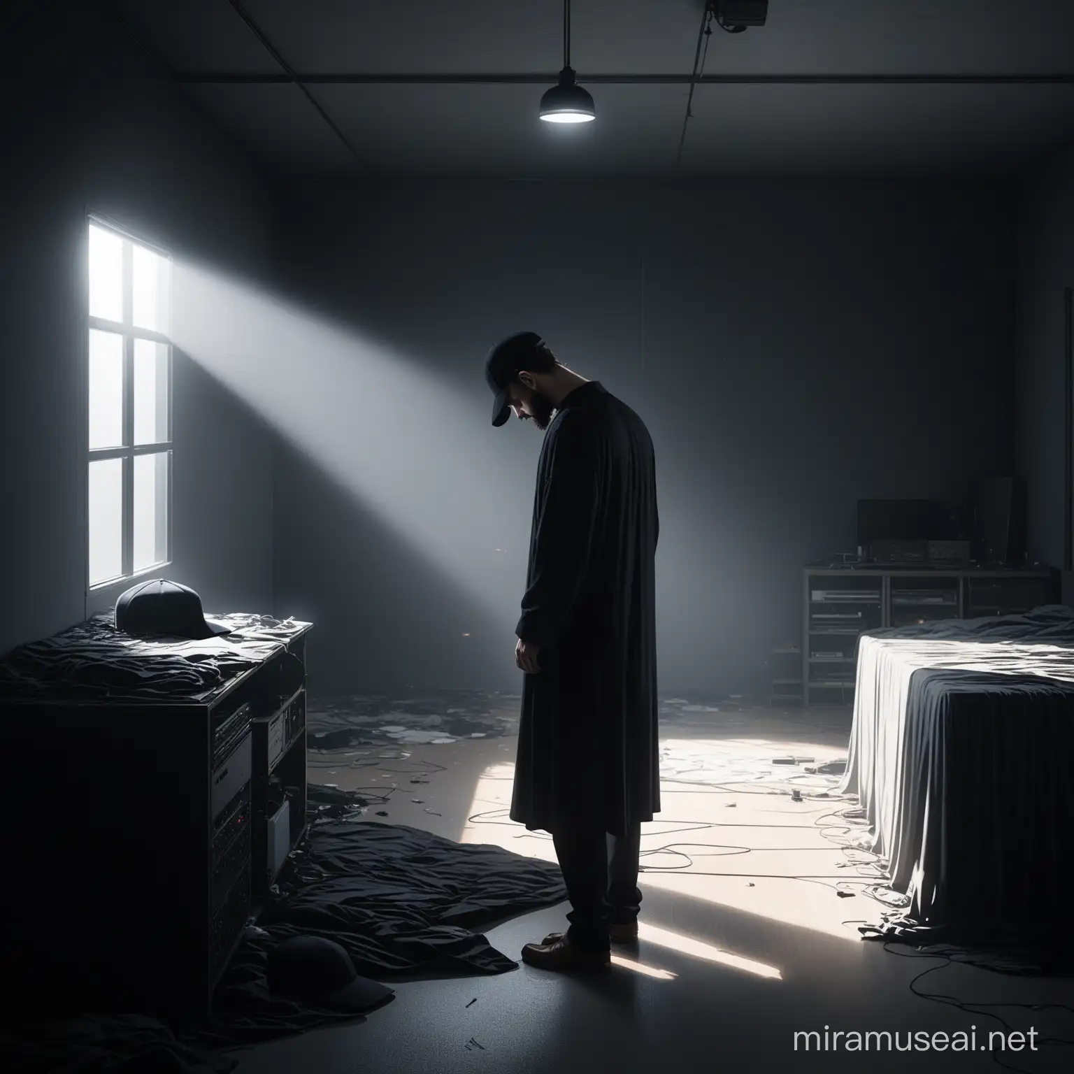 Man with short beard, slightly distant, tall style, head down, mid shot, long black dress, black cap, messy room, sad, distant, interior, gray room, professional lighting, cinematic, high detail, quality  High, realistic, cover music