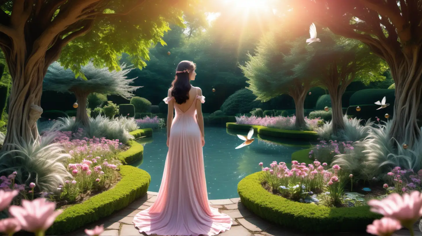 A very pretty slim woman with dark hair has her back to the camera, she is wearing a long pastel pink dress, she stands alone in a fantasy garden bountiful with flowers, birds and bees, planet uranus is above her head and the sun is blazing down on her, there is also a pond with clear bright blue water, an ancient yew tree and a bell is near to her on the floor and a white feather