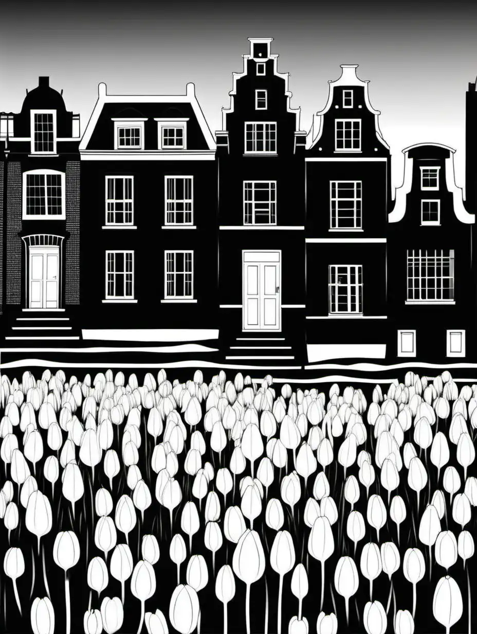 I want a simple black and white pictogram with the white silhouette of a big snowdrop in front of the black silhouette of an Amsterdam  house