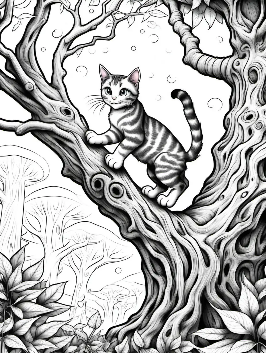Enchanting Adventure Tabby Cat Climbing Ancient Tree in Mystical Forest Coloring Page