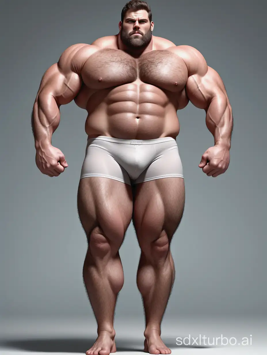 White skin and massive muscle stud, much bodyhair. Huge and giant and Strong body. Long and strong legs. 2m tall. very Big Chest. very Big biceps. 8-pack abs. Very Massive muscle Body. Wearing underwear. he is giant tall. very fat. very fat. very fat.Full Body diagram.